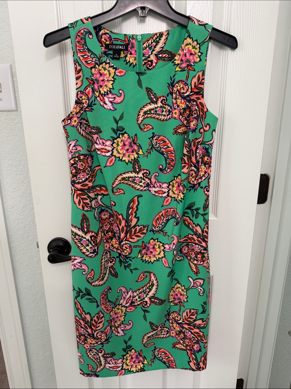 Roz & Ali Green Paisley Floral Sheath Dress with Pink and Orange Accents